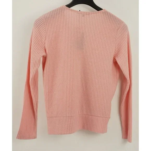 New Gibson Women's Small Pink Brushed Waffle Drape Faux Wrap Surplice V-Neck Top - Picture 2 of 10